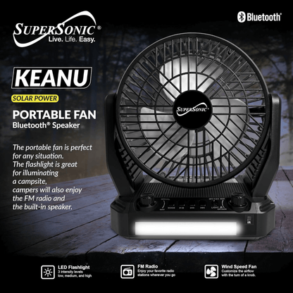 Supersonic Solar-Powered BT Speaker with FM Radio, LED Flashlight, and Fan Jupiter Gear Home