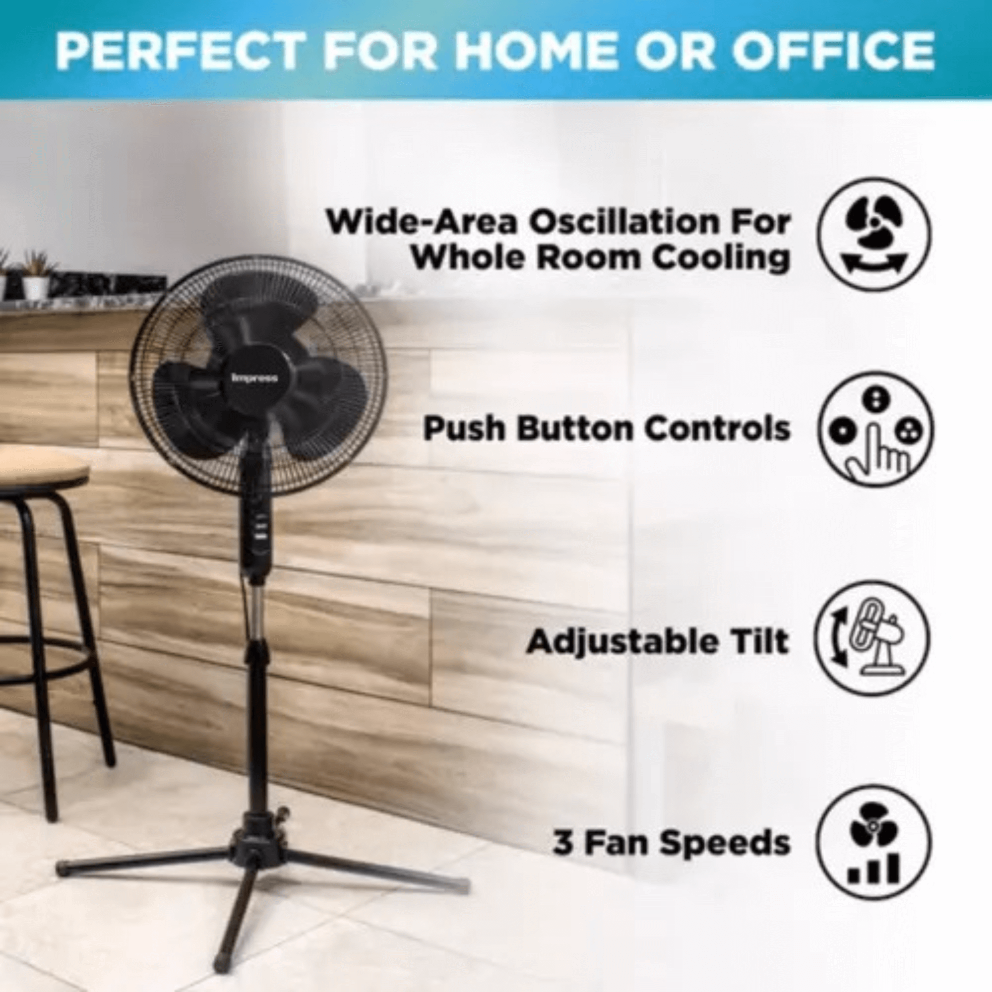 Impress Easy-Assemble 3-Speed 16-Inch Stand Oscillating Pedestal Floor Fan Jupiter Gear Home
