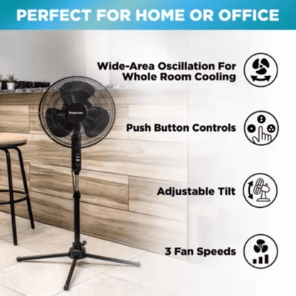 Impress Easy-Assemble 3-Speed 16-Inch Stand Oscillating Pedestal Floor Fan Jupiter Gear Home