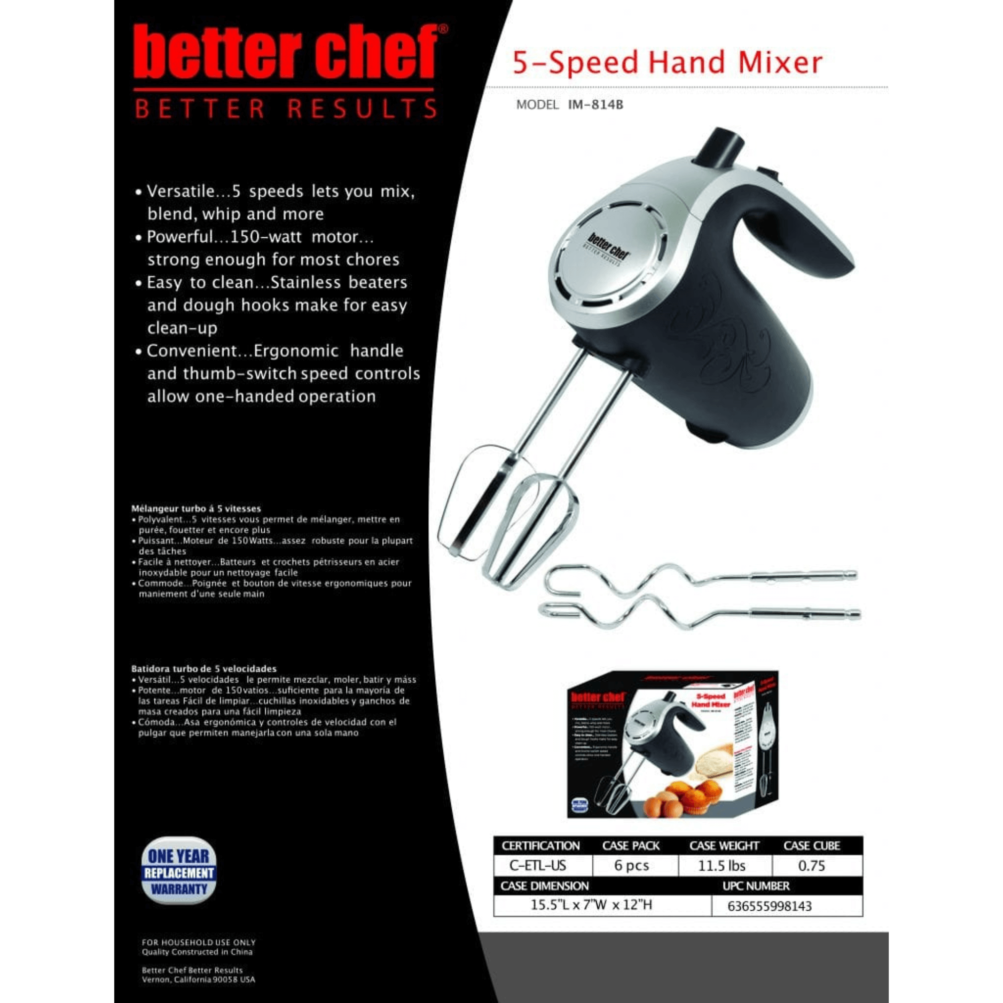 Better Chef 5-Speed 150W Hand Mixer with Silver Accents and Storage Clip Jupiter Gear Home