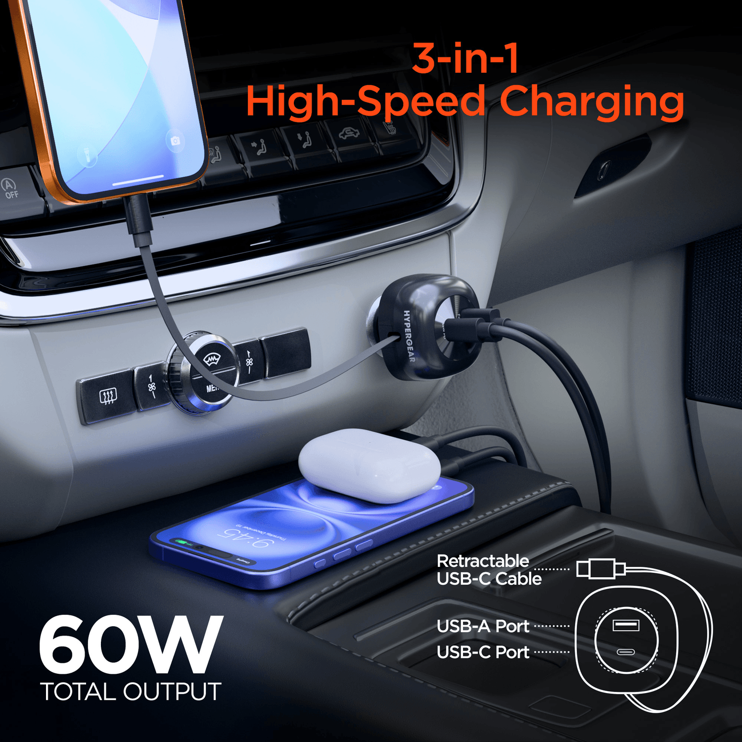 HyperGear SpeedBoost 60W Retractable Car Charger Jupiter Gear Home