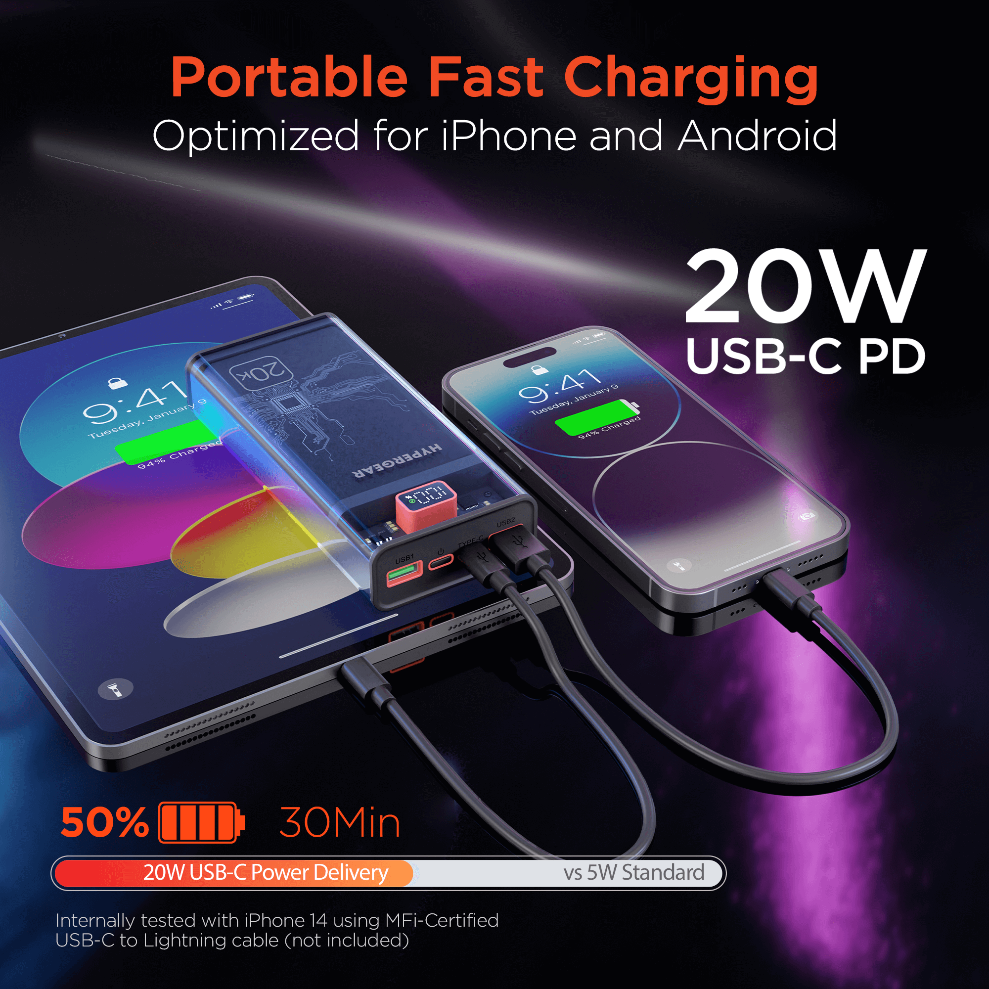 HyperGear ClearCharge XL 20000mAh Transparent PD Power Bank Jupiter Gear Home