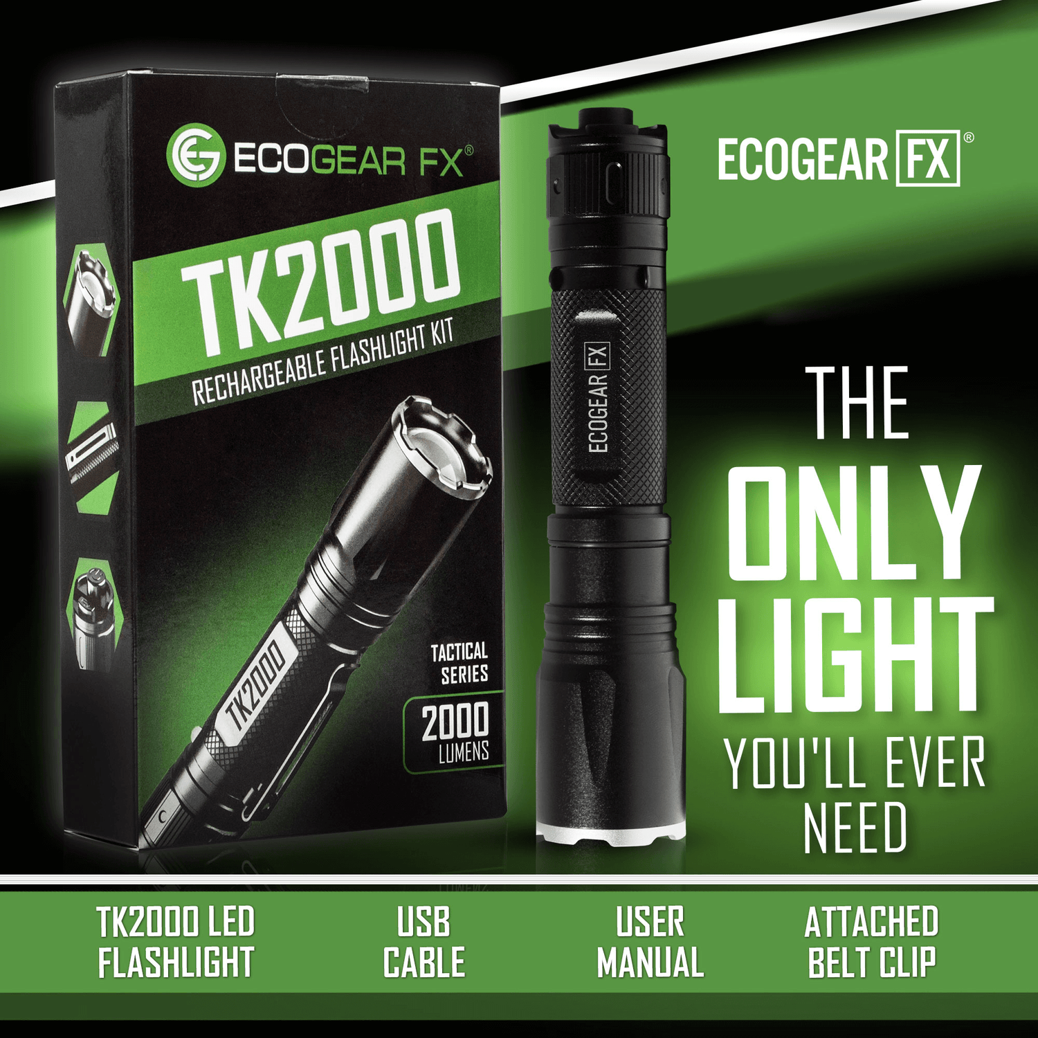 EcoGear FX TK2000 USB Rechargeable LED Tactical Flashlight Jupiter Gear Home