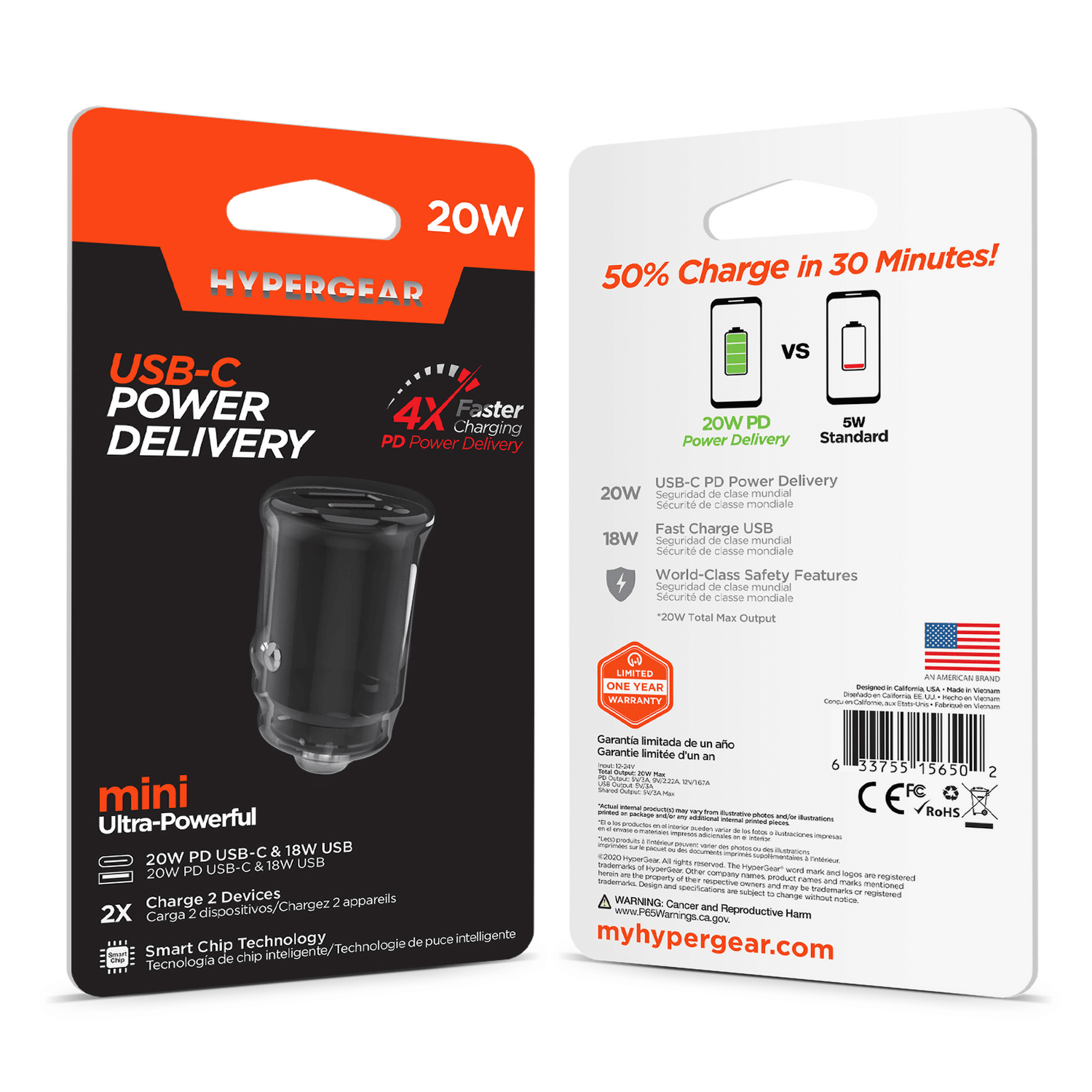 HyperGear Mini 20W USB-C PD + 18W USB Fast Car Charger Jupiter Gear Home