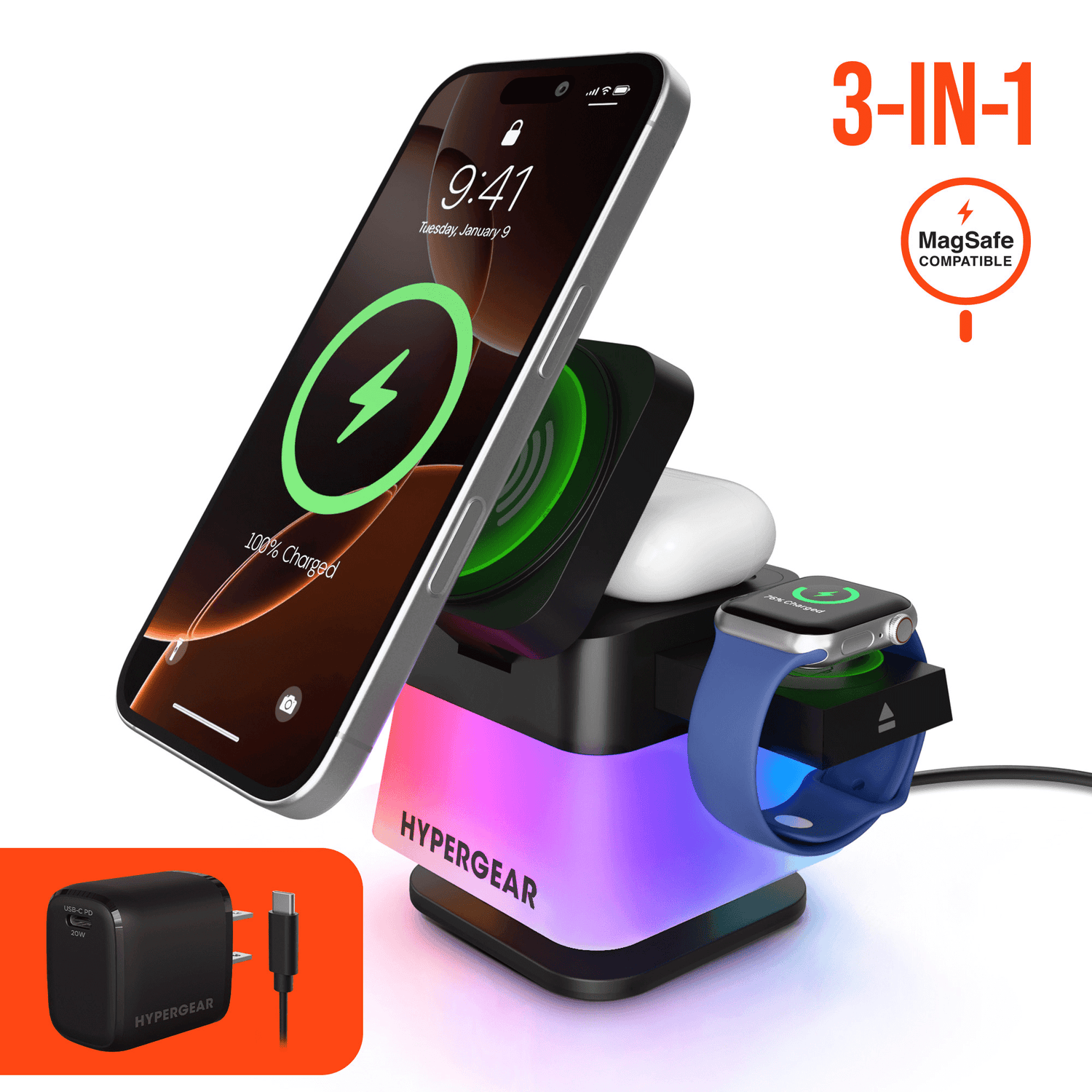 HyperGear PowerFold Cube RGB 3-in-1 Wireless Charging Stand Jupiter Gear Home
