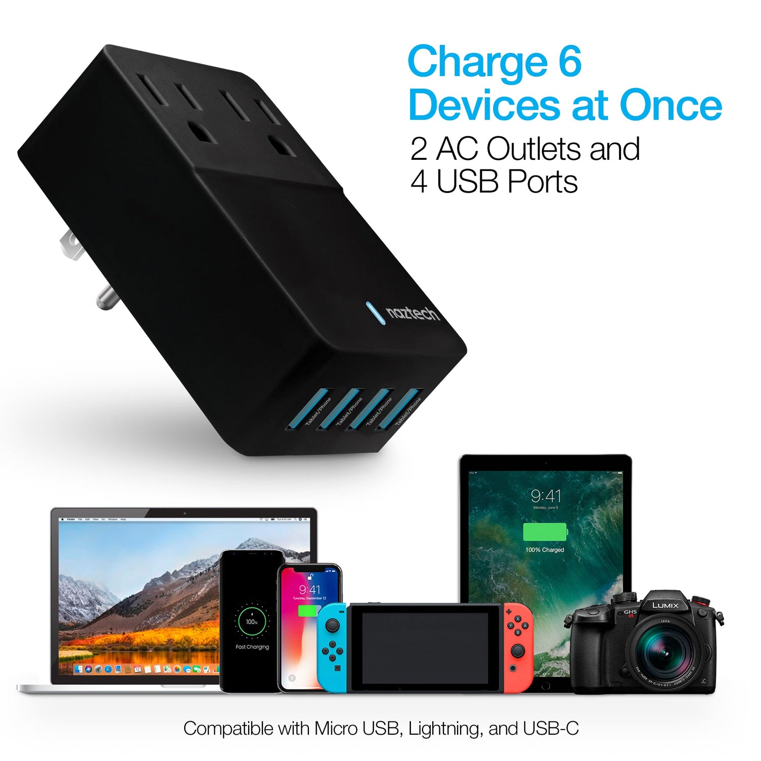 Naztech Fast Multi-Device Charger- 2 Outlets + 4 USB Port Jupiter Gear Home