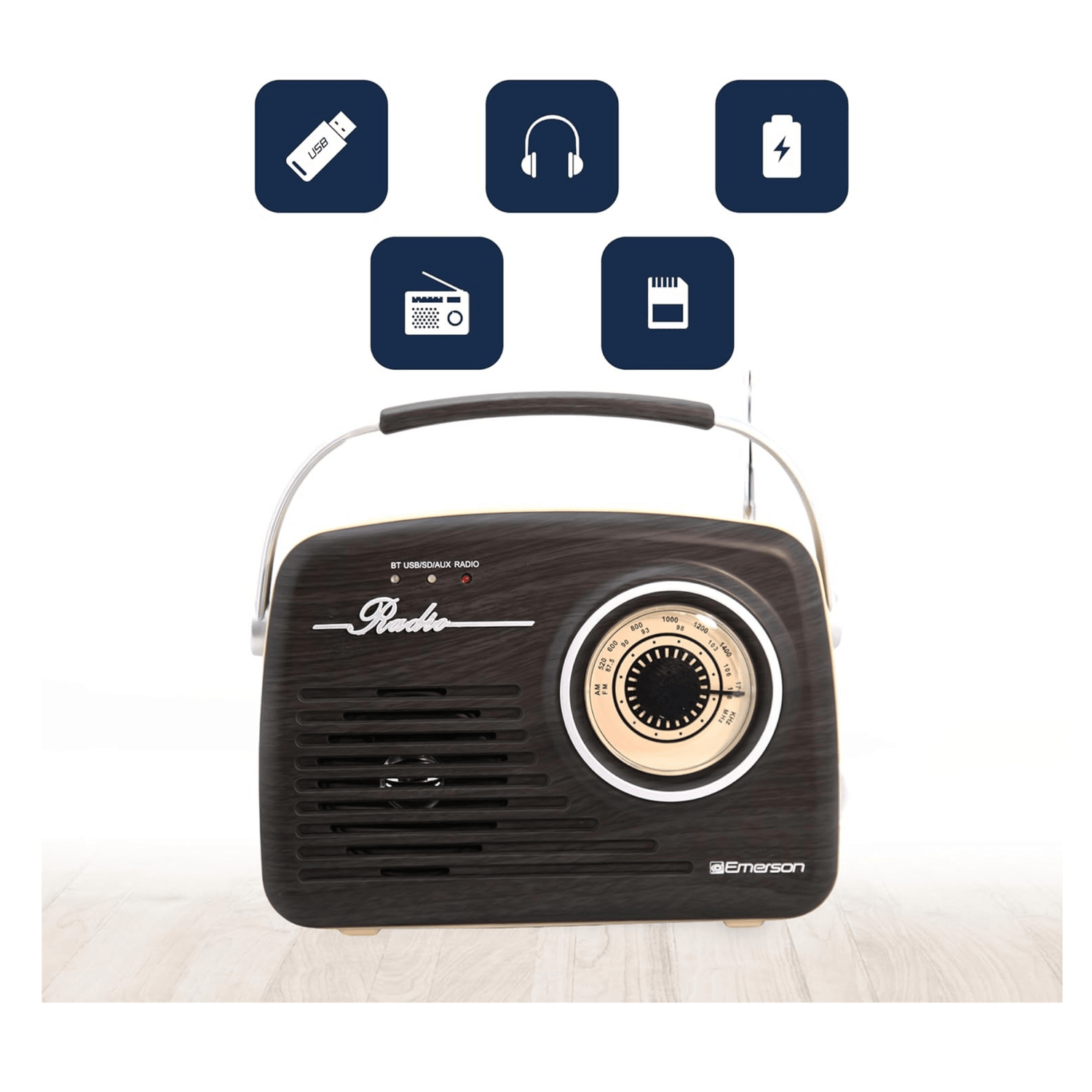 Emerson Portable Retro Radio with Built-In Rechargeable Battery and Memory Set Jupiter Gear Home