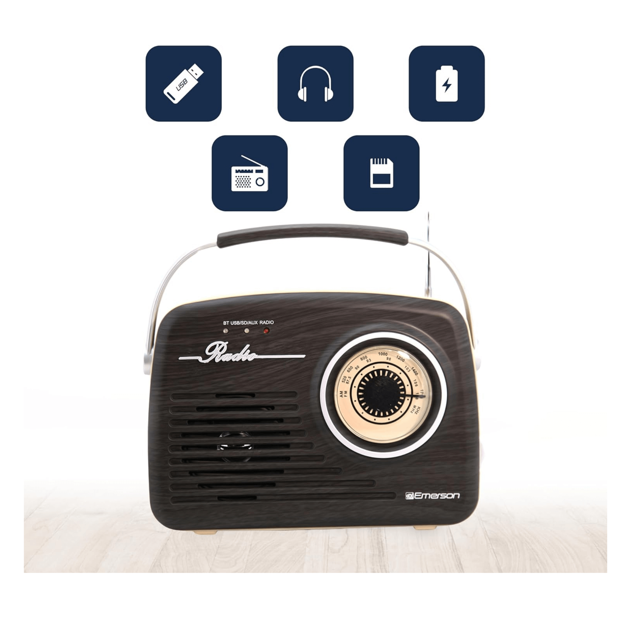 Emerson Portable Retro Radio with Built-In Rechargeable Battery and Memory Set Jupiter Gear Home