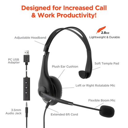 HyperGear V100 Office Professional Wired Headset w 6 Ft Cord Jupiter Gear Home