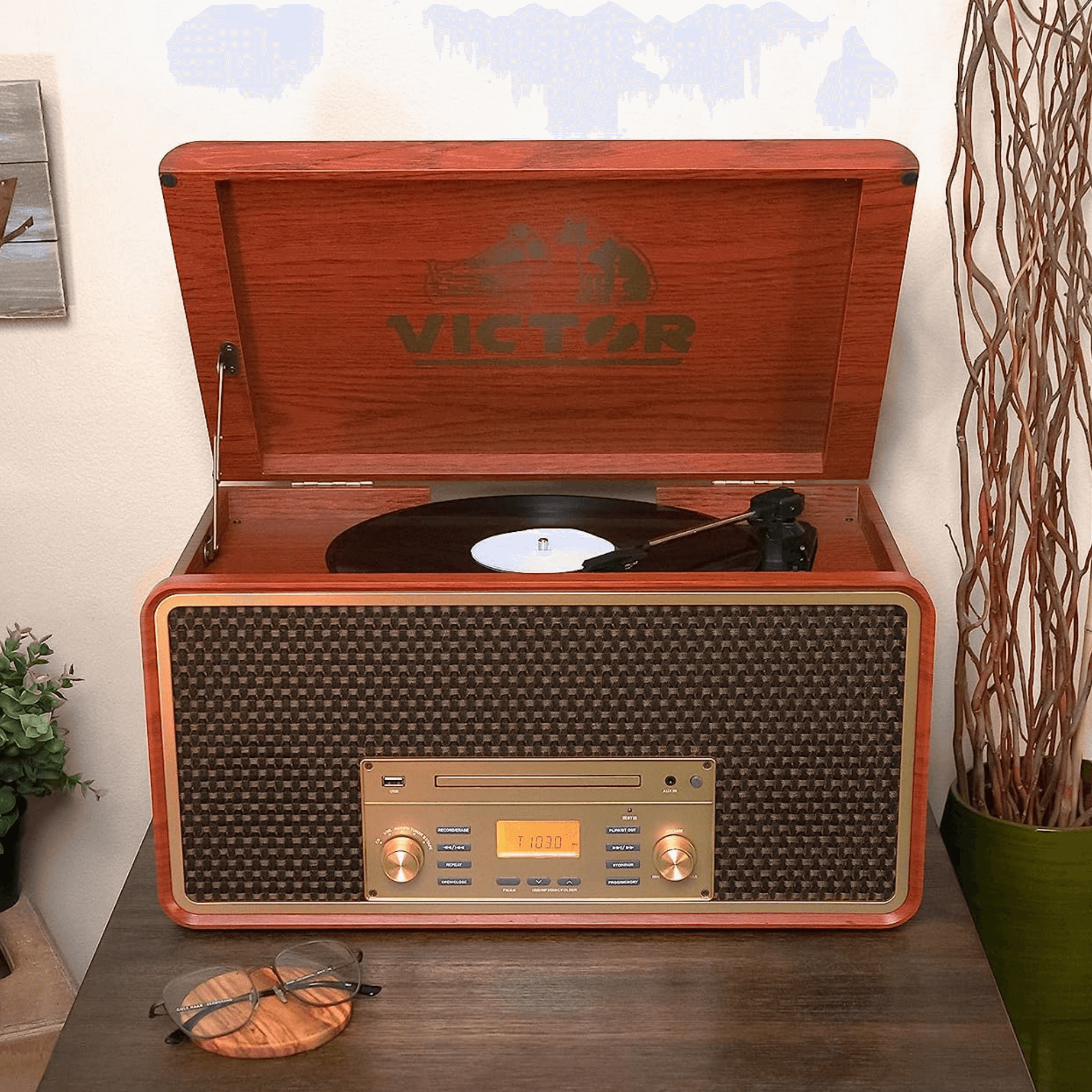 Victor Monument 8-in-1 Wood Music Center Mahogany - Refurbished Jupiter Gear Home