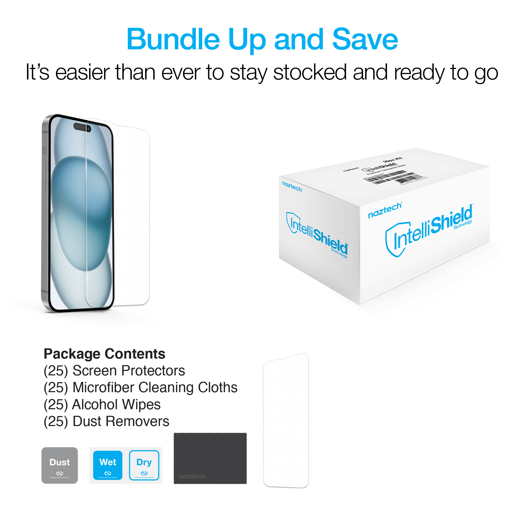 Naztech IntelliShield HD Tempered Glass 25pc Bundle Kit for iPhone 15 Jupiter Gear Home