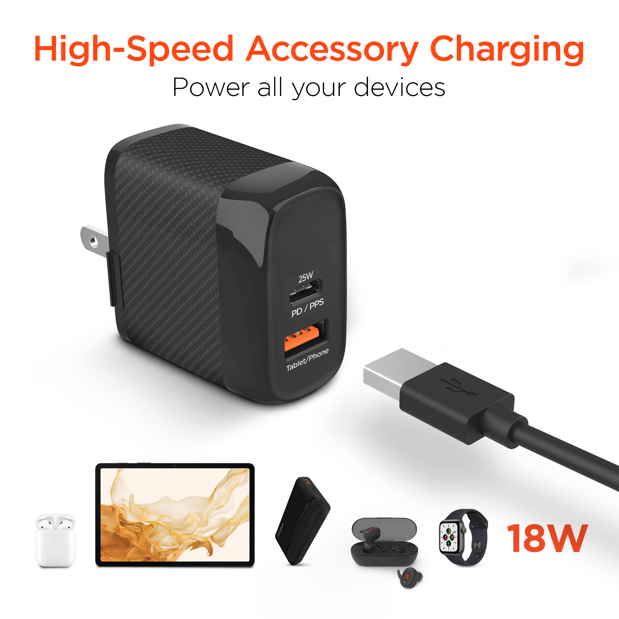HyperGear SpeedBoost 25W USB-C PD + 12W USB Fast Wall Charger with PPS and 6ft USB-C Cable Jupiter Gear Home