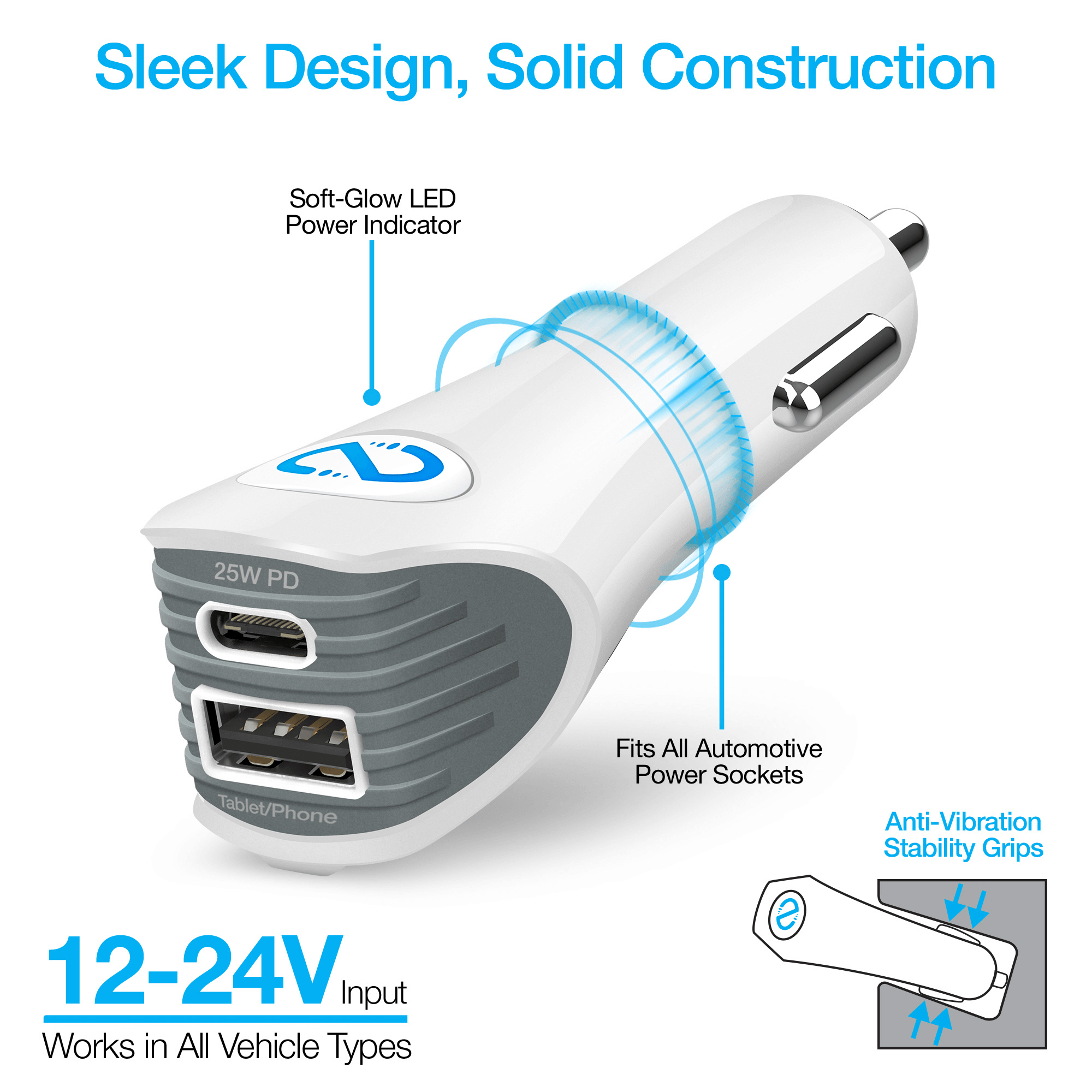 Naztech N420 PD25W+2.4A Car Charger + C to MFI 4ft Cable Jupiter Gear Home