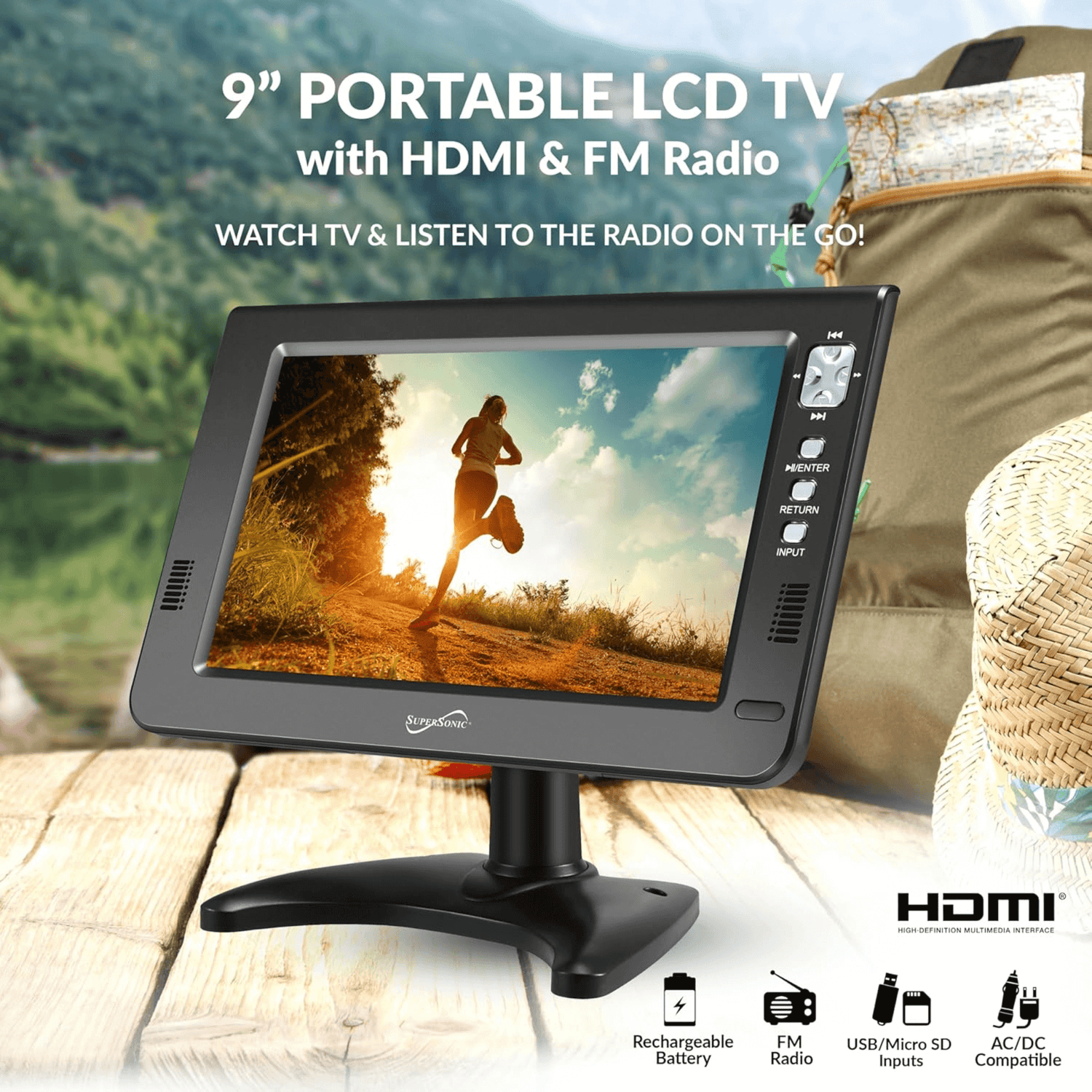 Supersonic Portable 9-inch LCD TV with Built-in Digital Tuner Rechargeable Battery ACDC Operation for Car Travel Jupiter Gear Home