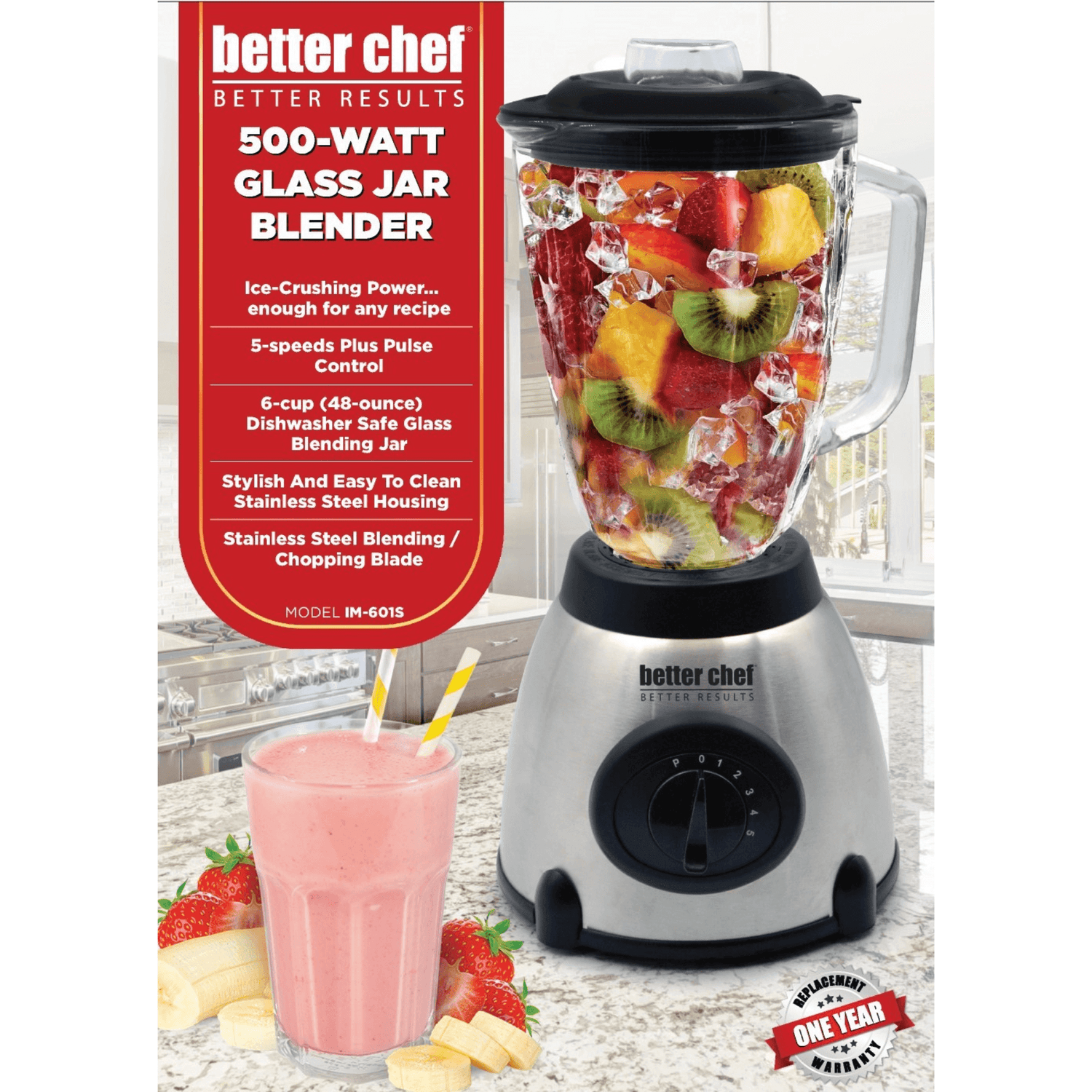 Better Chef 500W 5-Speed Glass Jar Blender with Stainless Steel Base Jupiter Gear Home