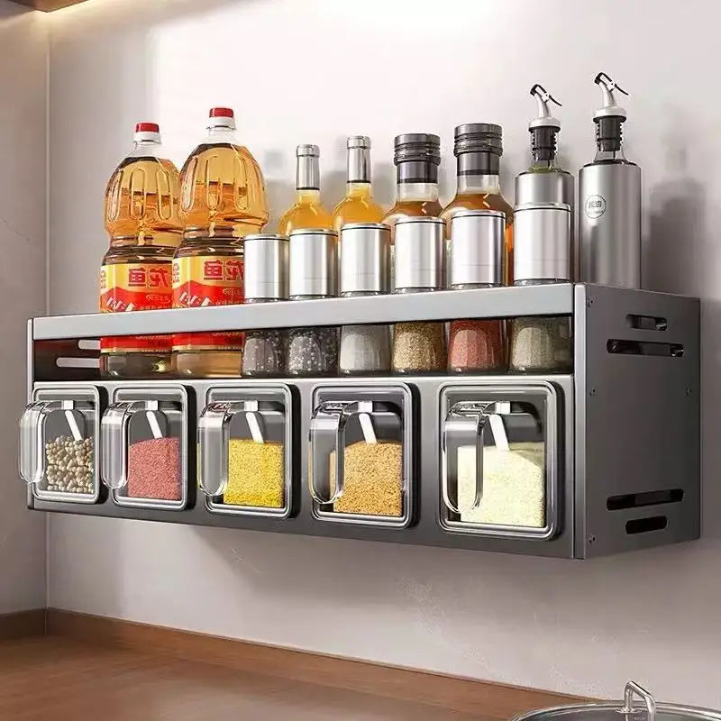 New Kitchen Spice Shelf Wall-mounted Spice Storage Rack Kitchen Seasoning Organizer Holder No Punching Required Storage Shelf Taj Home Store