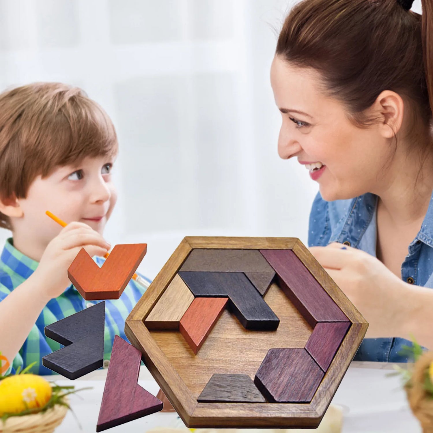 Hexagonal Wooden Geometric Shape Jigsaw Puzzles Chess Game Board Montessori Toys Brain Teaser Educational Intelligence Toys Taj Home Store