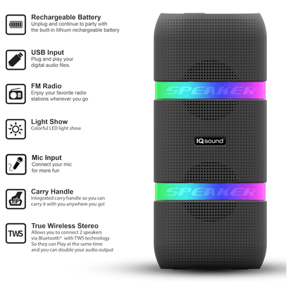 IQ Sound 2 x 4-Inch Portable Bluetooth TWS LED Speaker Jupiter Gear Home