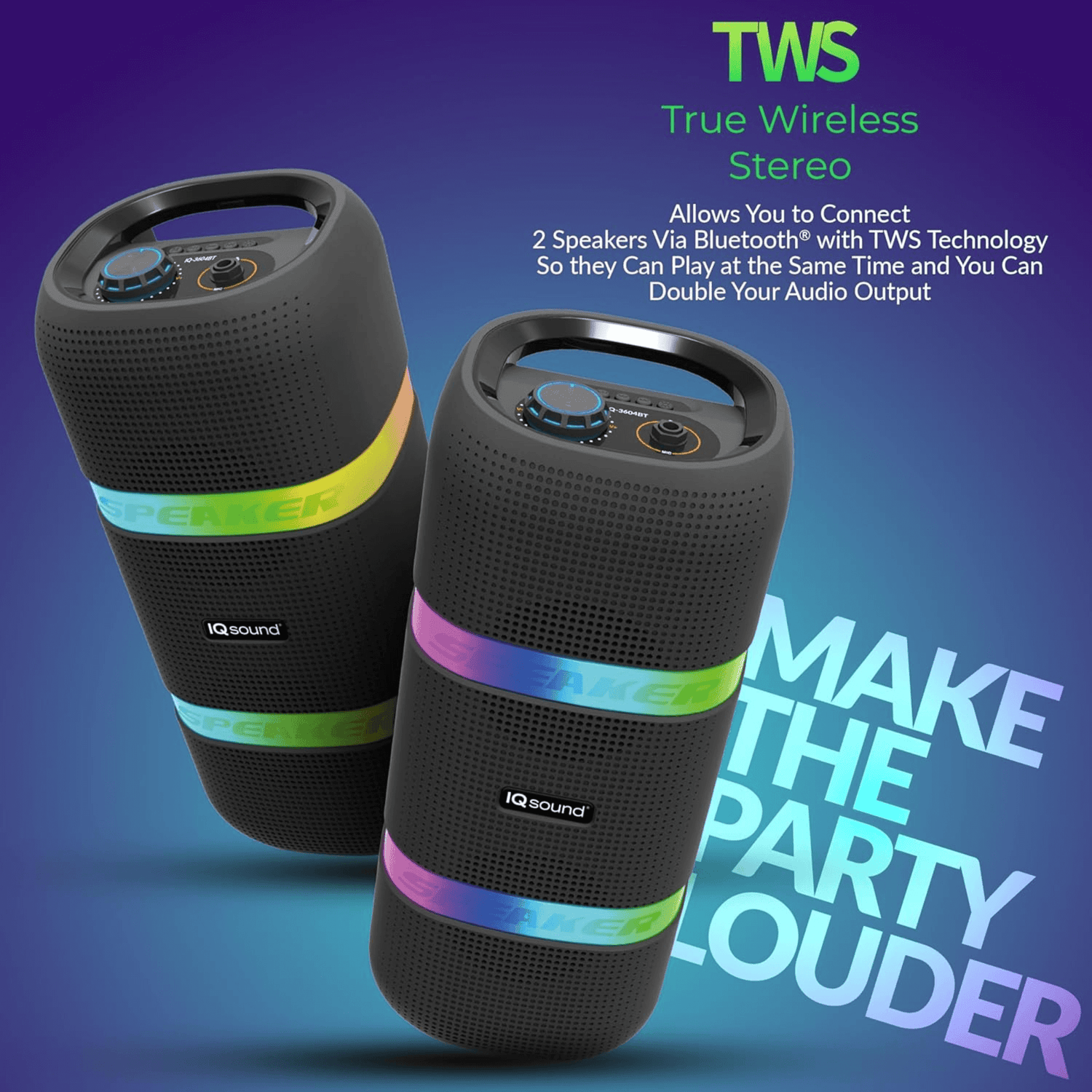 IQ Sound 2 x 4-Inch Portable Bluetooth TWS LED Speaker Jupiter Gear Home