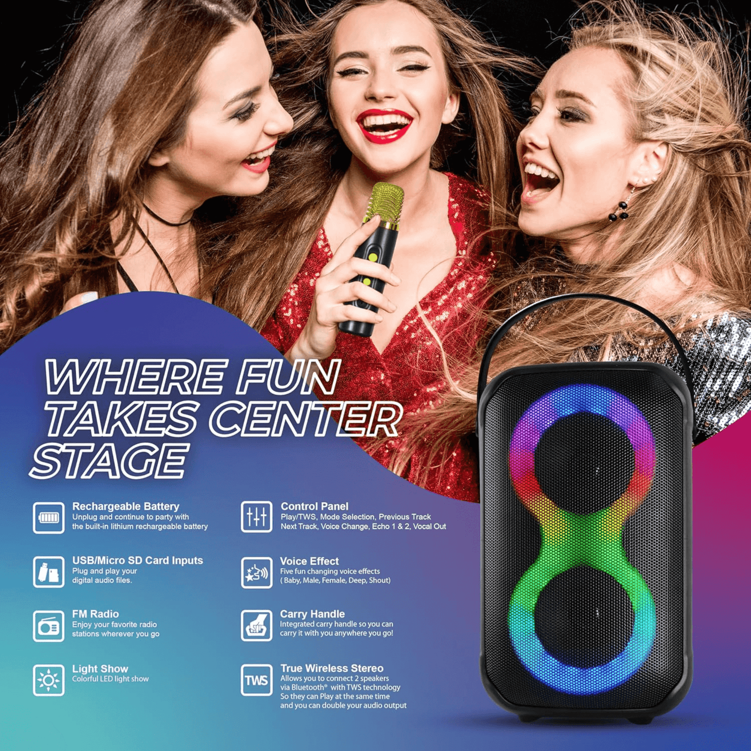 IQ Sound Karaoke Kraze 2x 4-Inch Portable Bluetooth Speaker Jupiter Gear Home