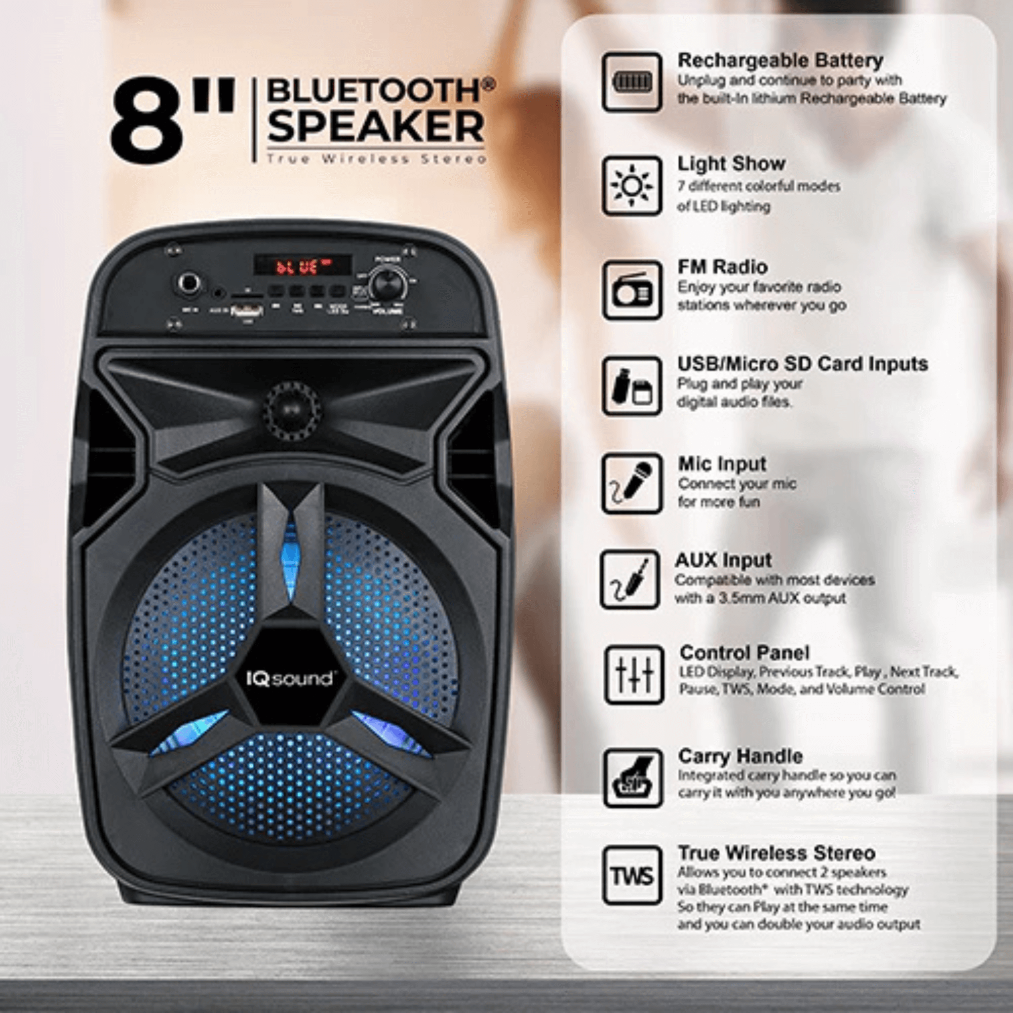 IQ Sound 8-Inch Portable Bluetooth TWS Speaker Jupiter Gear Home