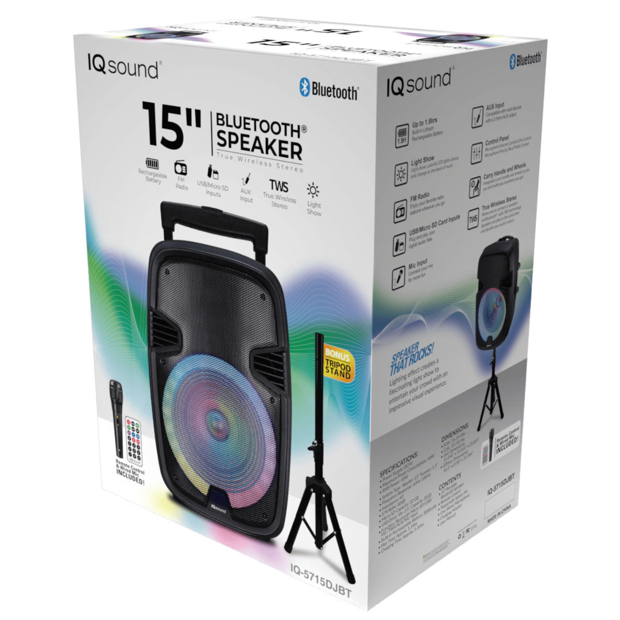 IQ Sound 15" Portable Bluetooth Speaker with True Wireless Stereo &amp; Mic Jupiter Gear Home