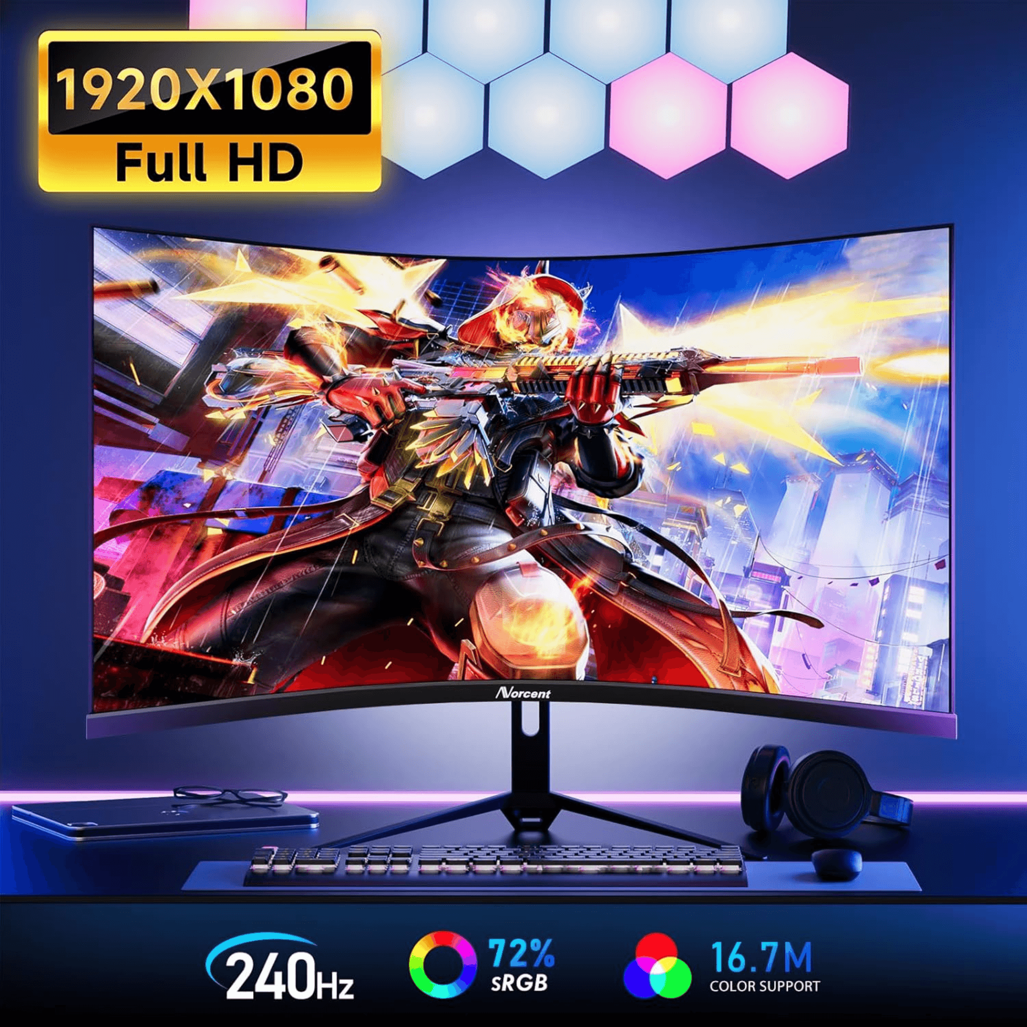 Norcent 27-Inch FHD VA Gaming Curved Monitor with Rainbow Lights Jupiter Gear Home