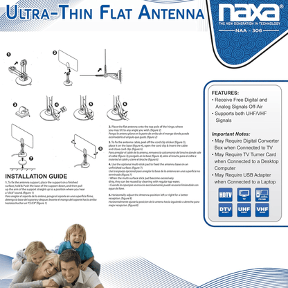 Naxa Ultra-Thin Flat Panel Style Powered Antenna For HDTV and ATSC Digital TV Jupiter Gear Home