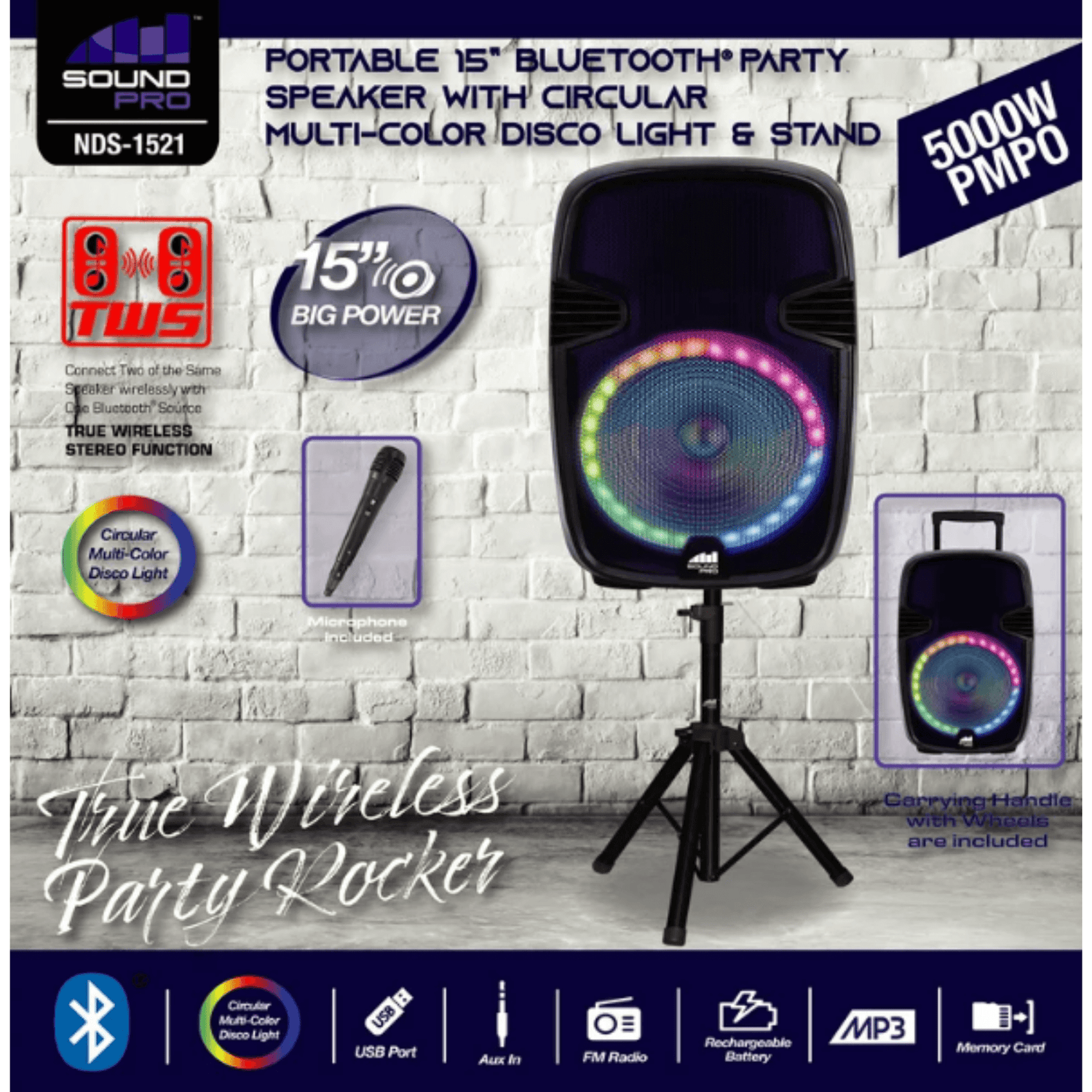 Naxa Portable 15” Bluetooth Party Speaker with Circular Multi-Color Disco Light (NDS-1521) Jupiter Gear Home