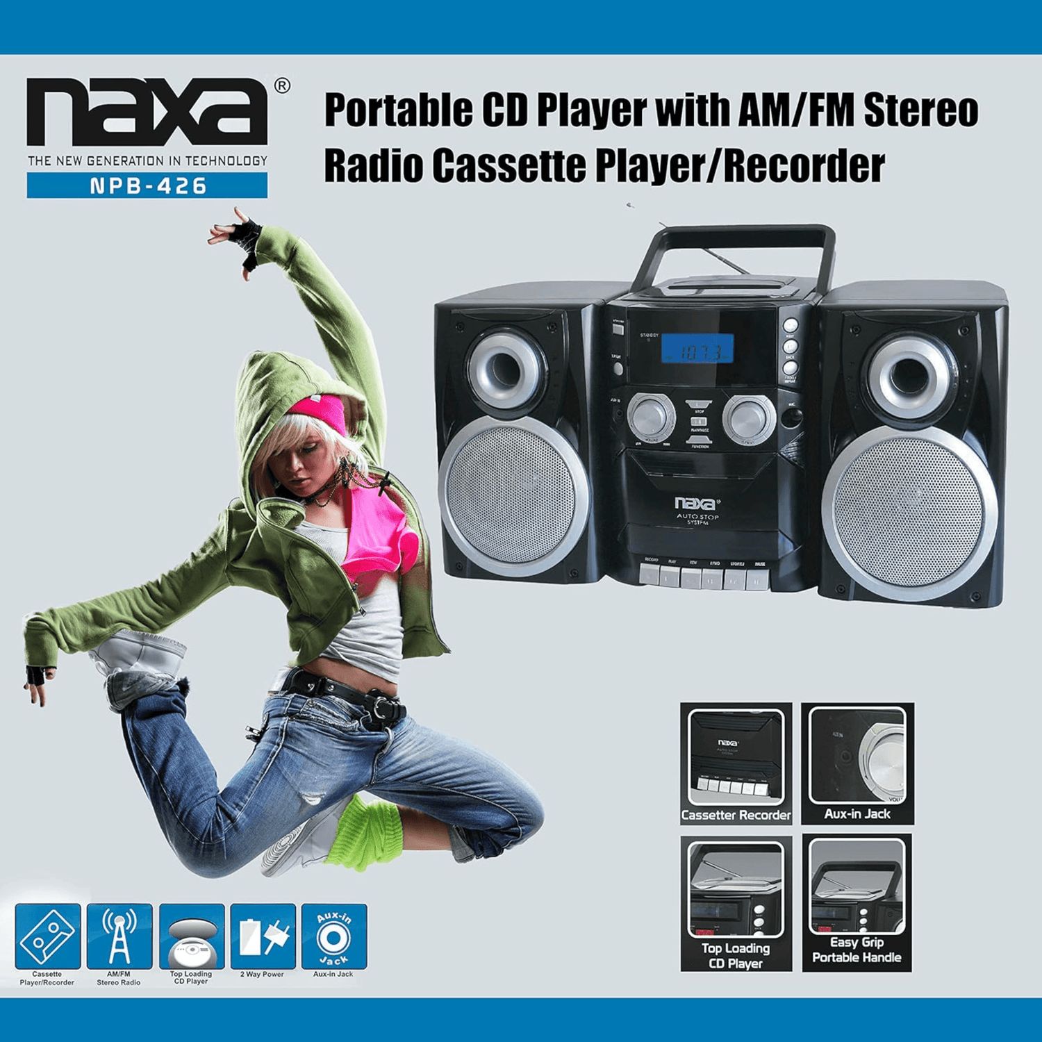 Naxa Portable CD Player with AM FM Stereo Radio Cassette Player and Recorder Jupiter Gear Home