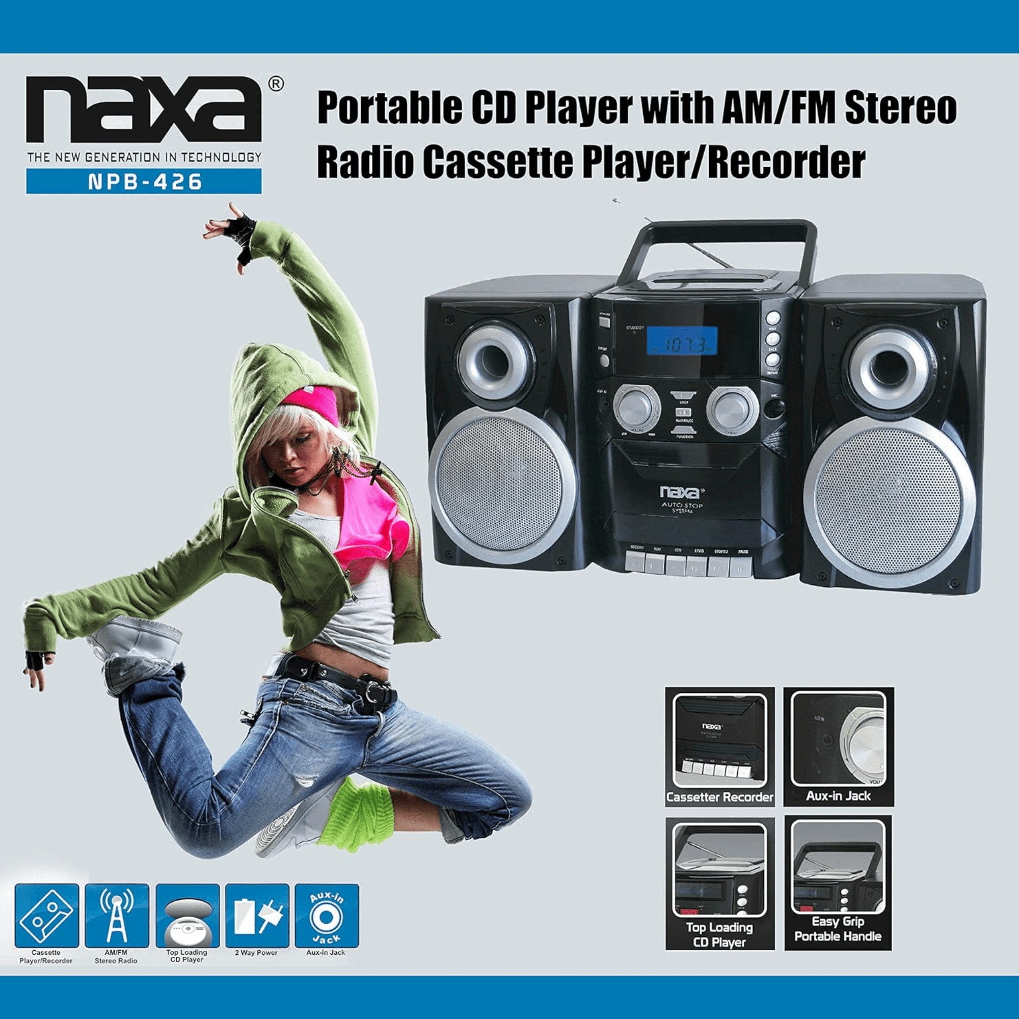 Naxa Portable CD Player with AM FM Stereo Radio Cassette Player and Recorder Jupiter Gear Home