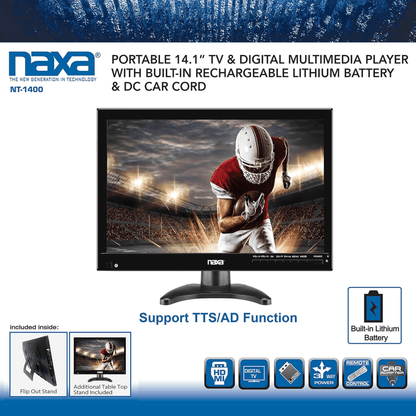Naxa Portable 14.1" 12 Volt ACDC Television and Digital Multimedia Player with Built-in Rechargeable Lithium Battery &amp; DC Car Cord Jupiter Gear Home
