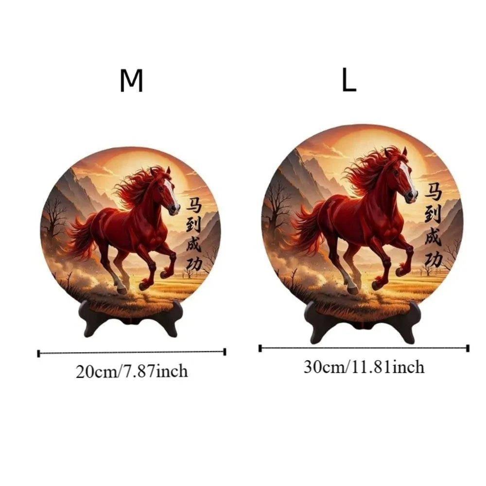 Horse Year Decorative Paintings Ornament Round Good Luck Desktop Ornament Wooden Funny Home Decor Ornament TV Cabinets Taj Home Store