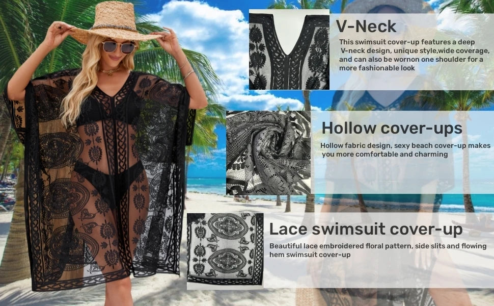 Sexy Elegant Lace Beach Cover Up for Women, Bathing Suit Cover Up, V-Neck Swimsuit Coverup for Poolside, Seaside and Party Taj Home Store