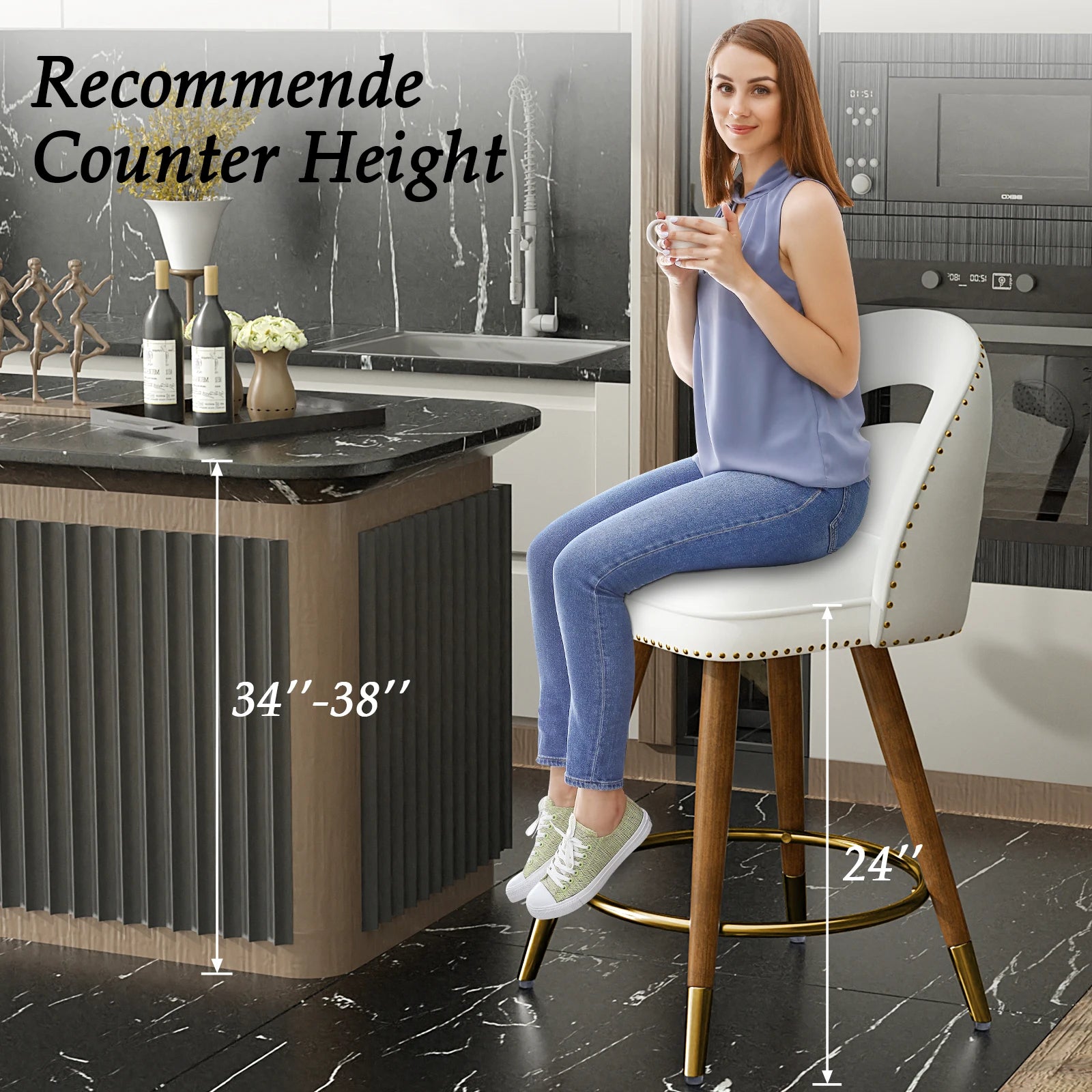 Set Of 2 24-Inch Swivel Counter Height Bar Stools With Solid Wood Legs &amp; Velvet Backs For Dining Kitchen Island Taj Home Store