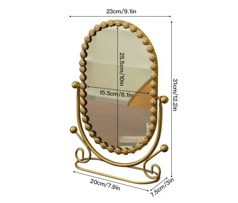 Light Luxury Wrought Iron Vertical Mirror Rotatable Retro Makeup Mirror Bedroom Vanity Mirror Desktop Ornament Photo Props Taj Home Store