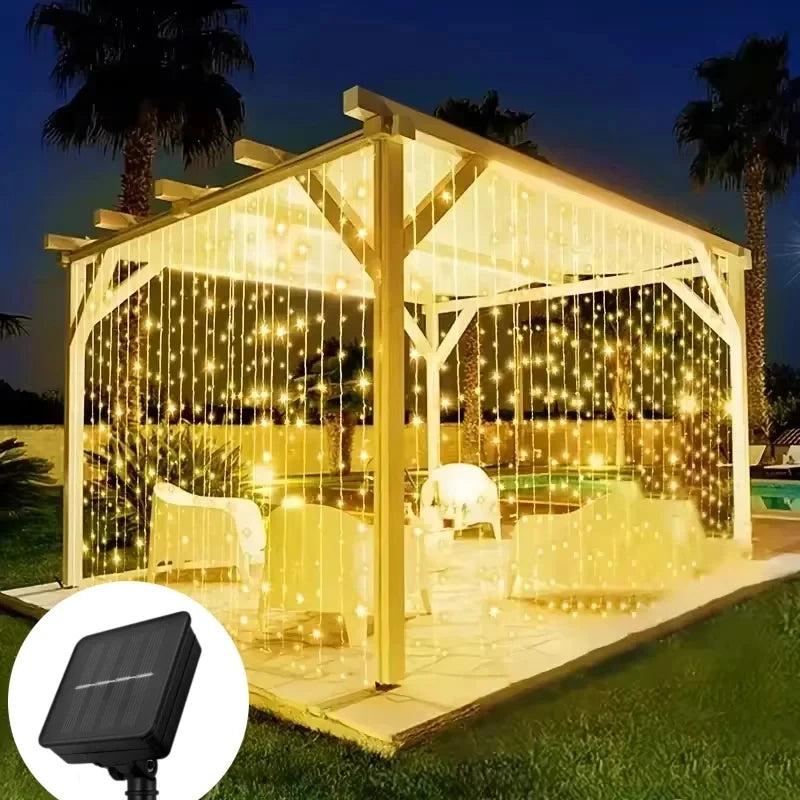Outdoor Solar Curtain Light 3x3M 300Leds Holiday Decorations Garland 8 Modes Halloween Christmas Party Decor String Lights Taj Home Store