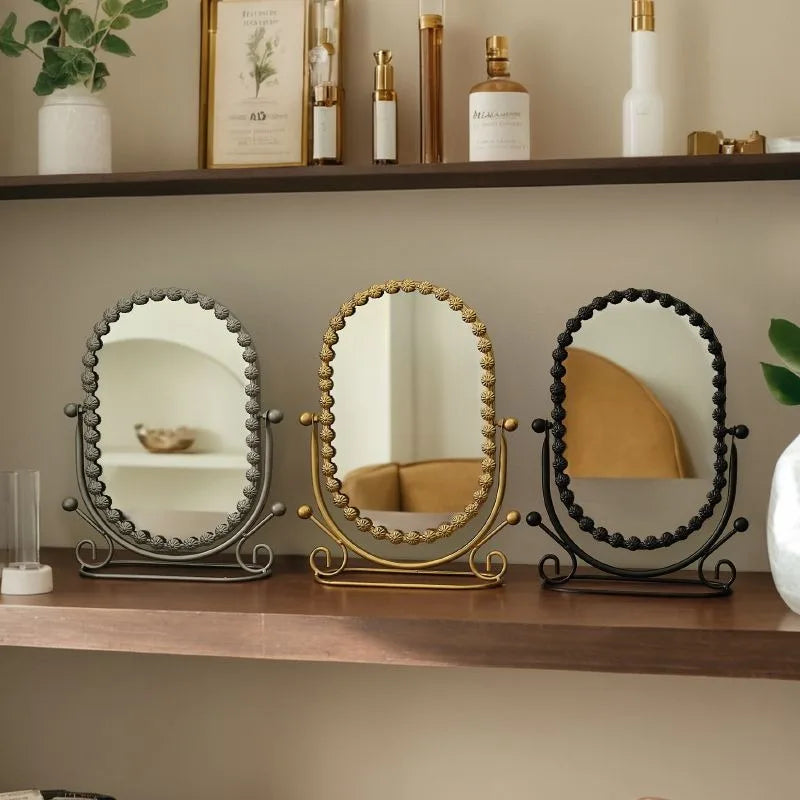 Light Luxury Wrought Iron Vertical Mirror Rotatable Retro Makeup Mirror Bedroom Vanity Mirror Desktop Ornament Photo Props Taj Home Store