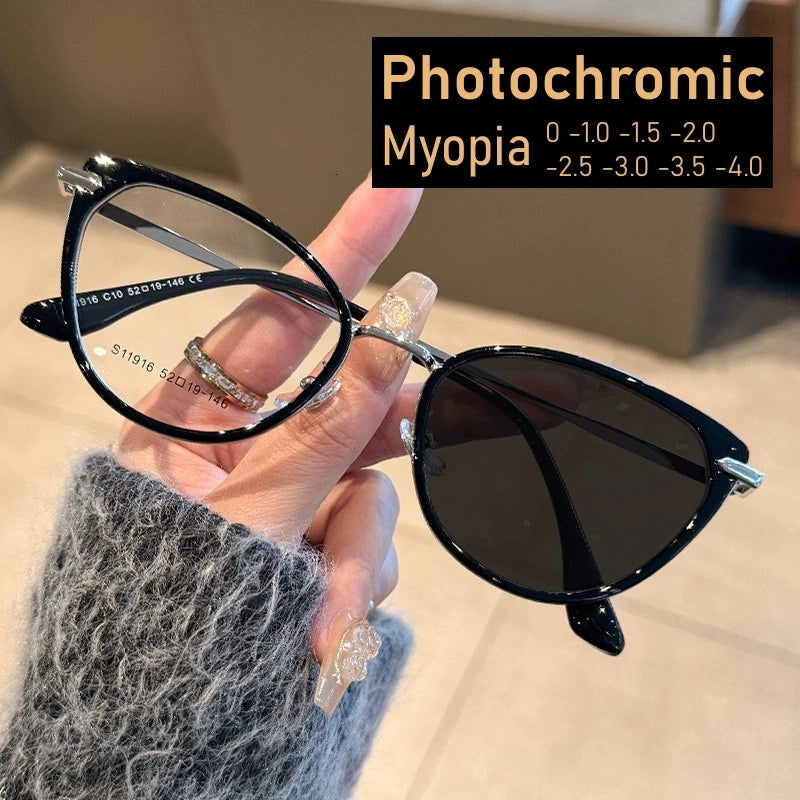 2025 Fashion Cat Eye Photochromic Myopia Glasses for Women Outdoor Color Changing UV Protection Sunglasses Near Sight Eyeglasses Taj Home Store