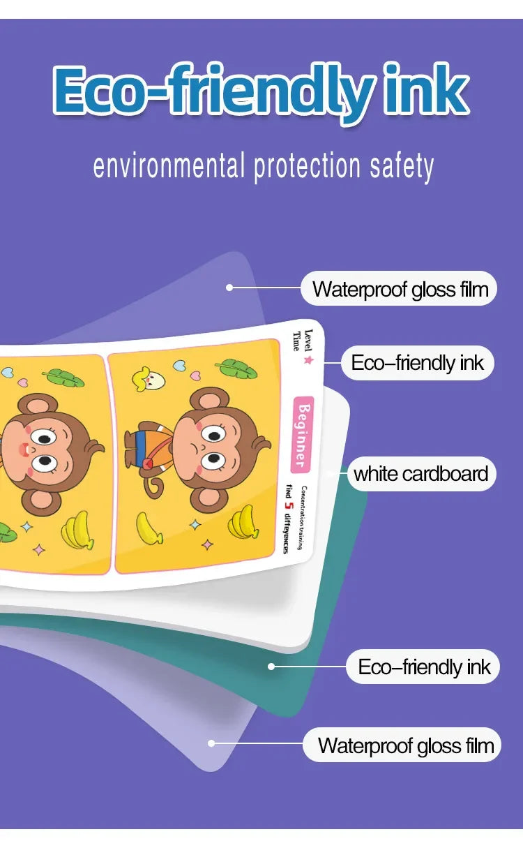 Find Differences Card Game Reusable Cartoon Educational Puzzle for Kids Three Difficulty Levels for Focus Attention Training Taj Home Store