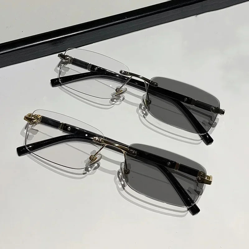 Business High-end Near Sight Glasses Trendy Photochromic Edgeless Frameless Myopia Glasses Small Square Color Change Eyewear Taj Home Store