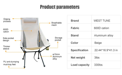 Westtune Portable Folding Camping Chair with Headrest Lightweight Tourist Chairs Aluminum Alloy Fishing Chair Outdoor Furniture Taj Home Store