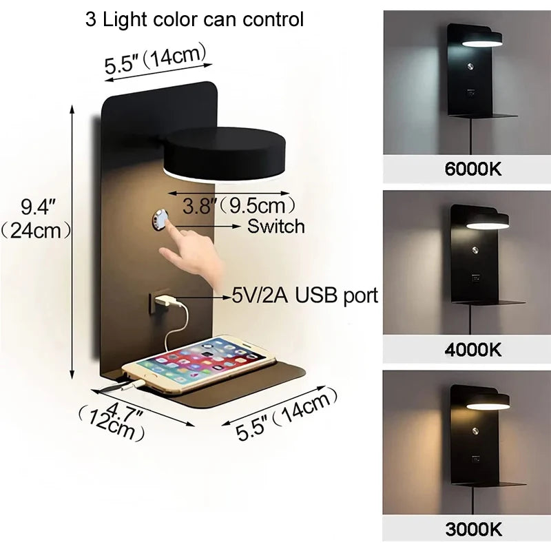 Bedroom Led Wall Lamps with USB Charge Wall Light Indoor Lamp for Living Room Decor Wall Panels with Switch Aisle Modern Sconce Taj Home Store