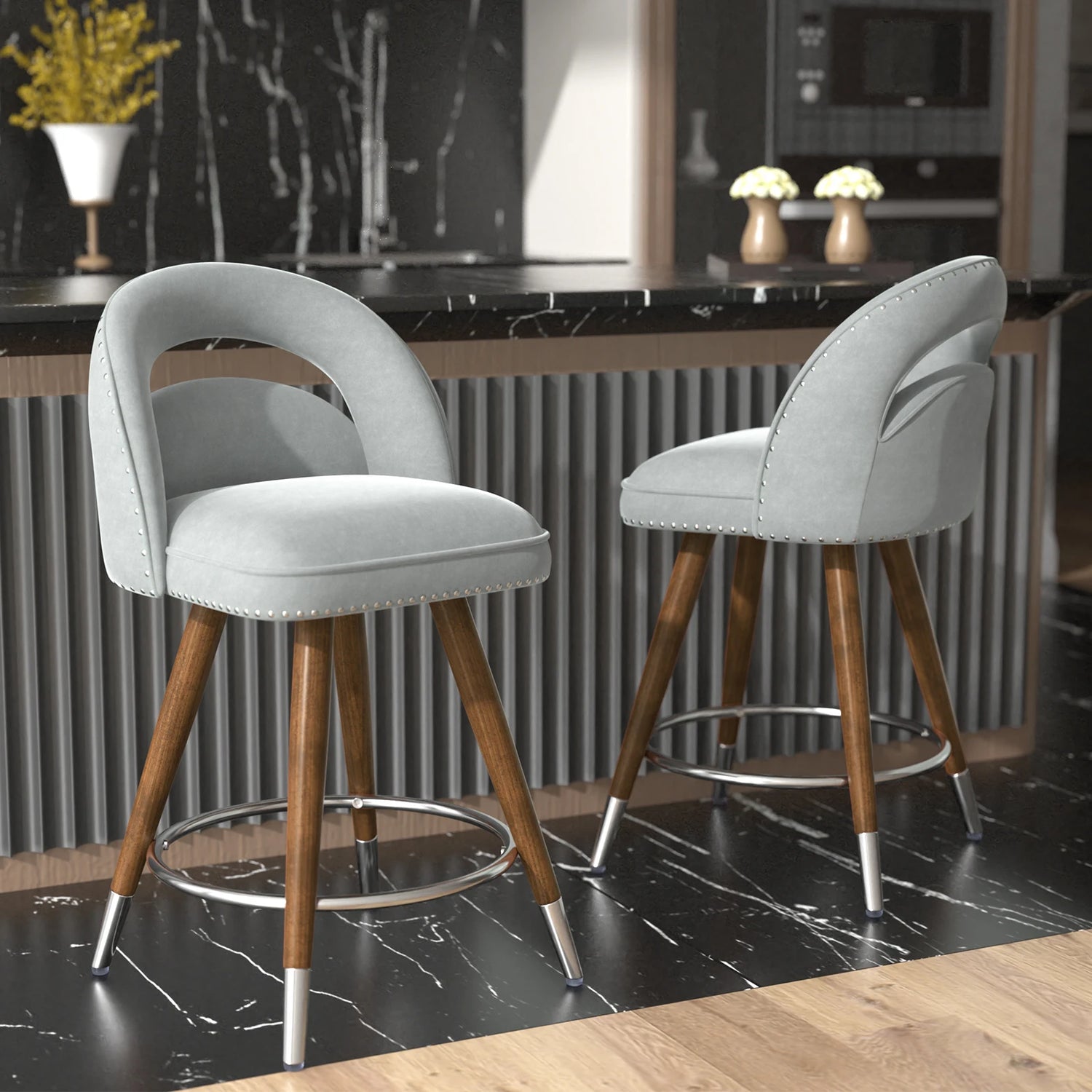 Set Of 2 24-Inch Swivel Counter Height Bar Stools With Solid Wood Legs &amp; Velvet Backs For Dining Kitchen Island Taj Home Store