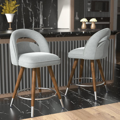 Set Of 2 24-Inch Swivel Counter Height Bar Stools With Solid Wood Legs &amp; Velvet Backs For Dining Kitchen Island Taj Home Store