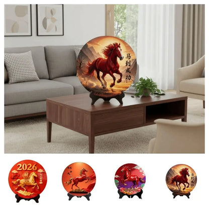 Horse Year Decorative Paintings Ornament Round Good Luck Desktop Ornament Wooden Funny Home Decor Ornament TV Cabinets Taj Home Store