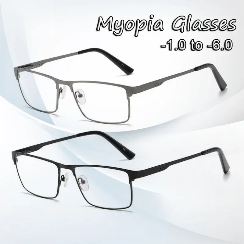 Men Square Metal Large Frame Myopia Glasses Spring Leg Elderly Near Sight Eyewear Blue Light Blocking Eye Protection Eyeglasses Taj Home Store