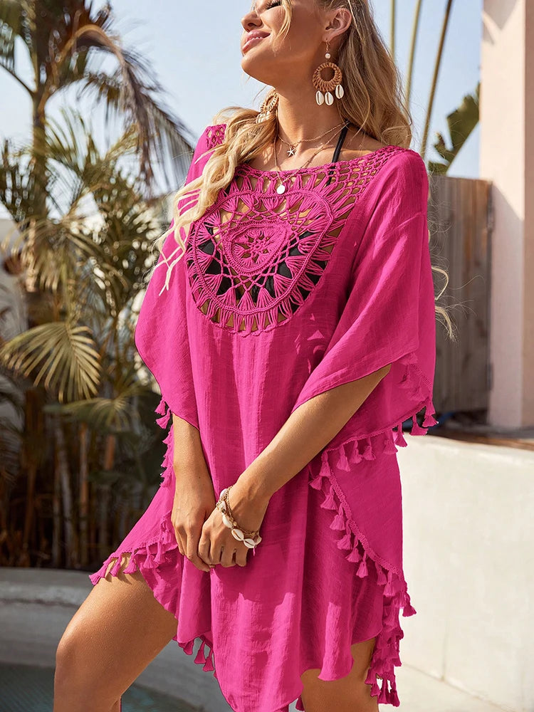 Beach Cover Up Women Knitted Sunflower Beach Wear Fringe Tunic Ladies Bathing Suit Cover-ups Bikini Ups Bathing Suit Beachwear Taj Home Store