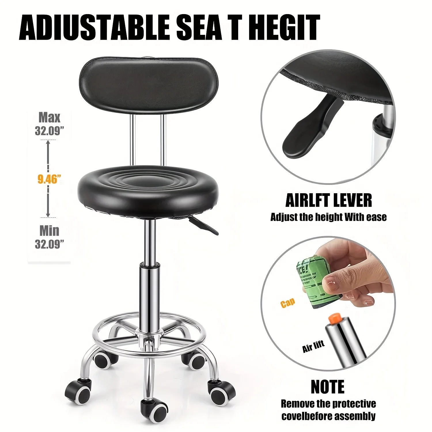 Heavy-Duty 181.44 KG Capacity Bar Stool with Backrest - Hydraulic Height Adjustment, 360° Swivel Base, PU Leather Cushion Taj Home Store
