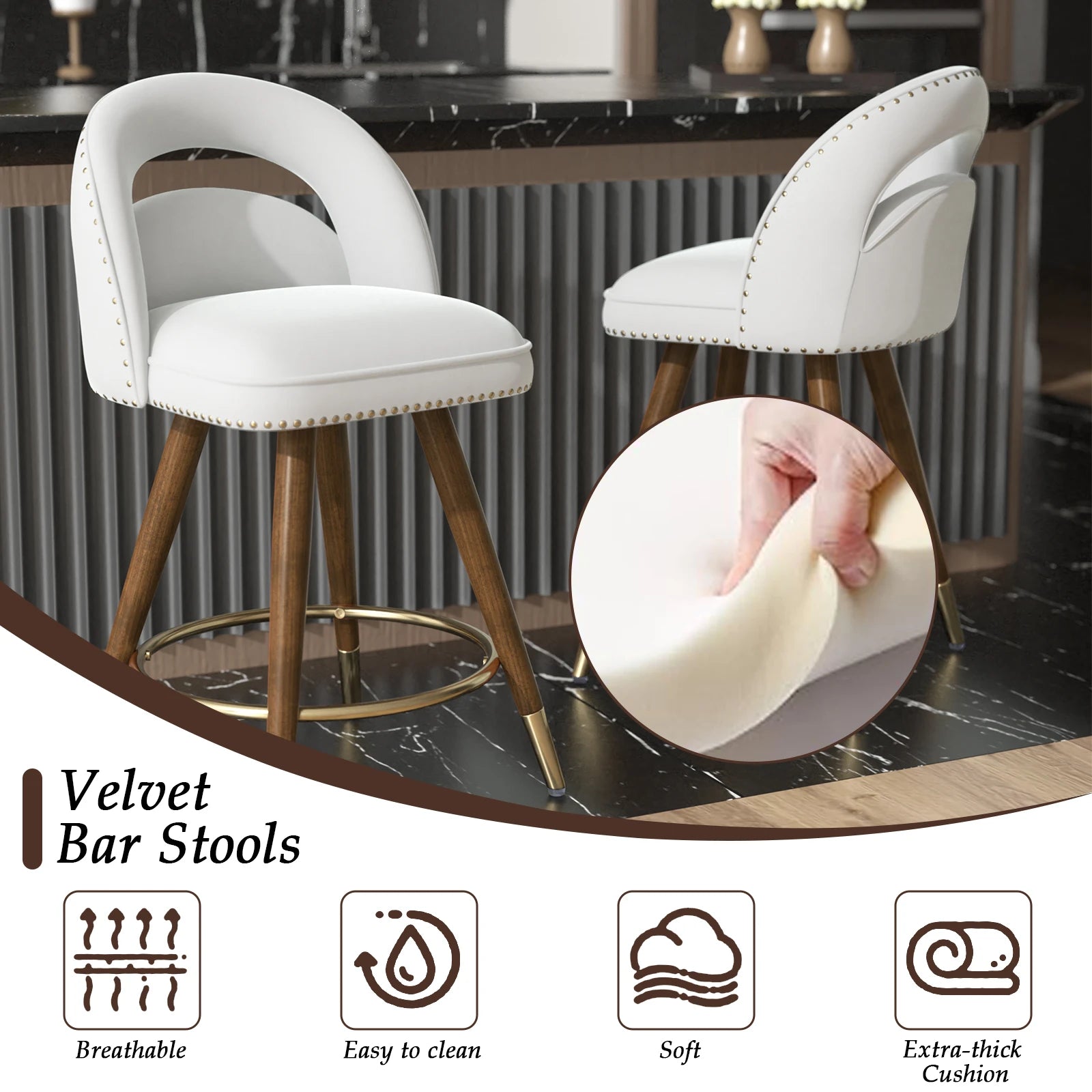 Set Of 2 24-Inch Swivel Counter Height Bar Stools With Solid Wood Legs &amp; Velvet Backs For Dining Kitchen Island Taj Home Store